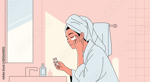 Young woman enjoying a serene skincare routine in her pastel colored bathroom setting