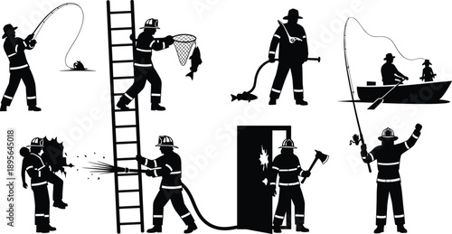 Collection of Professional Firefighter and Fisherman Silhouette Vector Illustration Set for Emergency Rescue Occupational Career and Outdoor Fishing Hobby Design