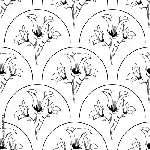 Hand Drawn Black and White Campanula Floral Seamless Pattern. Abstract wallpaper design for background, print, fabric, decoration, textile.