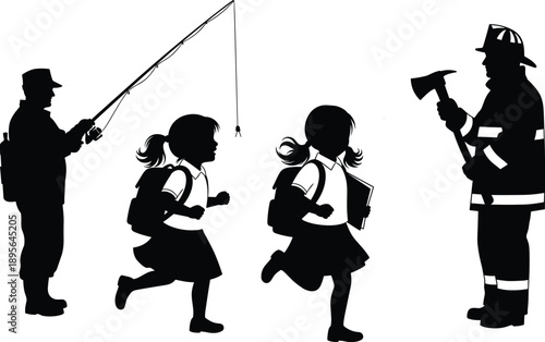 Collection of Professional Firefighter Fisherman and Little Schoolgirl Silhouette Vector Illustration Set for Career Education Childhood Hobbies and Diverse Social Community Character Design,