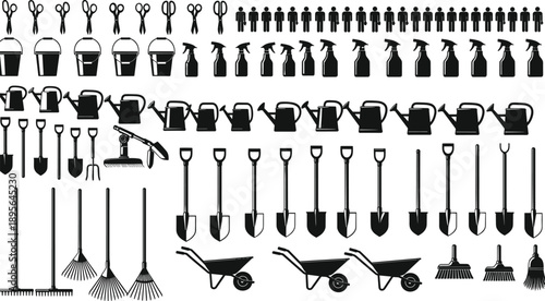 Collection of professional gardening tools, equipment icons, watering cans, shovels, and landscaping silhouettes, isolated on white background vector illustration for outdoor garden design (24 words)