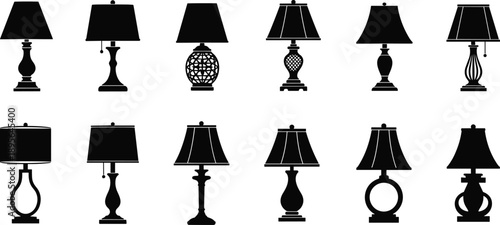 Table lamp icon set with classic and modern designs, black silhouette home lighting collection isolated on white background