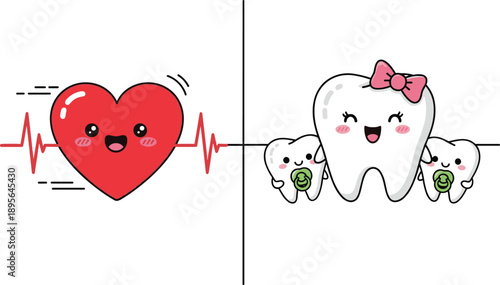 Cute heartbeat heart illustration with smiling tooth family characters, dental care theme, kawaii style health concept for medical and oral hygiene designs