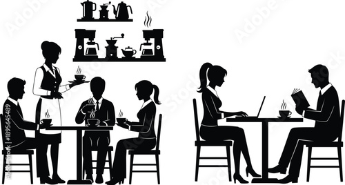 Collection of Professional People in Coffee Shop Silhouette Vector Illustration Set, Business Meeting and Freelance Work in Café with Waitress and Barista Equipment
