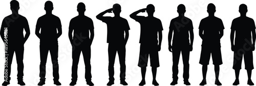 Set of diverse people silhouettes standing in various casual poses, group of men and women figures isolated on white background