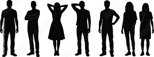 Set of diverse people silhouettes standing in various poses, casual men and women group collection isolated on white background for design. (23 words)