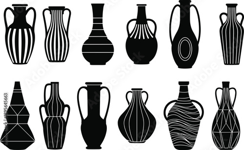 Set of ancient ceramic vase and amphora silhouettes in black and white isolated for pottery, history, and decorative design