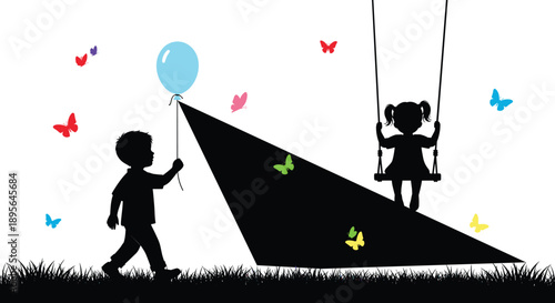 Children playing in park silhouettes with balloon swing butterflies grass sunset shadow happy childhood outdoor lifestyle flat vector illustration