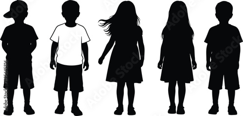 Children silhouettes set of boys and girls standing poses isolated black kid figures childhood school people flat vector