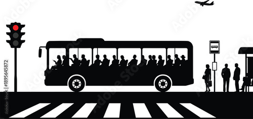 City bus stop scene with passengers silhouettes crosswalk traffic light airplane urban public transport commute flat vector illustration
