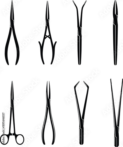 Precision surgical forceps and medical instrument silhouettes set showing various tweezers pliers scissors isolated on white background