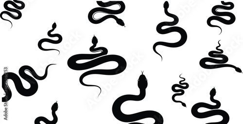 Collection of Snake Silhouette Vector Illustration Set, Various Slithering Serpent Character Poses for Nature Wildlife Reptile and Animal Graphic Design Template Elements