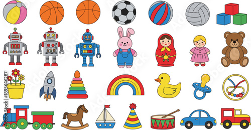 Cute collection of children’s toys including balls, robots, dolls, teddy bear, stacking rings, rocking horse, train, duck, car, and baby items