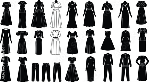 Women vintage clothing silhouettes collection featuring dresses skirts blouses pants modest formal outfits isolated black flat vector set