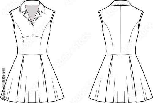 Technical fashion flat sketch of sleeveless pleated dress with princess seams, notched collar, waistband, and button placket