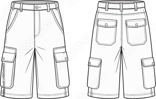 Technical fashion illustration of cargo shorts with flap pockets, belt loops, button closure, stitching details, front and back views