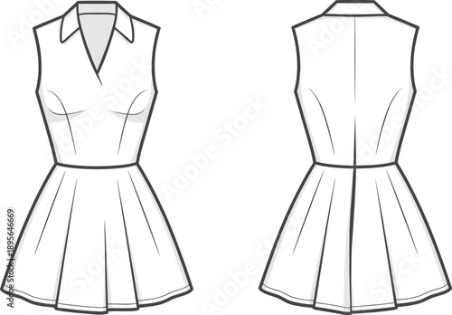 Technical fashion illustration of sleeveless pleated dress with V-neckline, pointed collar, bust darts, princess seams, back shaping