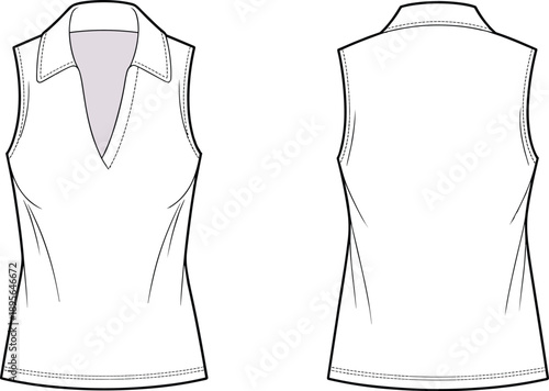 Technical fashion illustration of sleeveless women's top with deep V-neck, princess seams, structured collar, back shaping seams