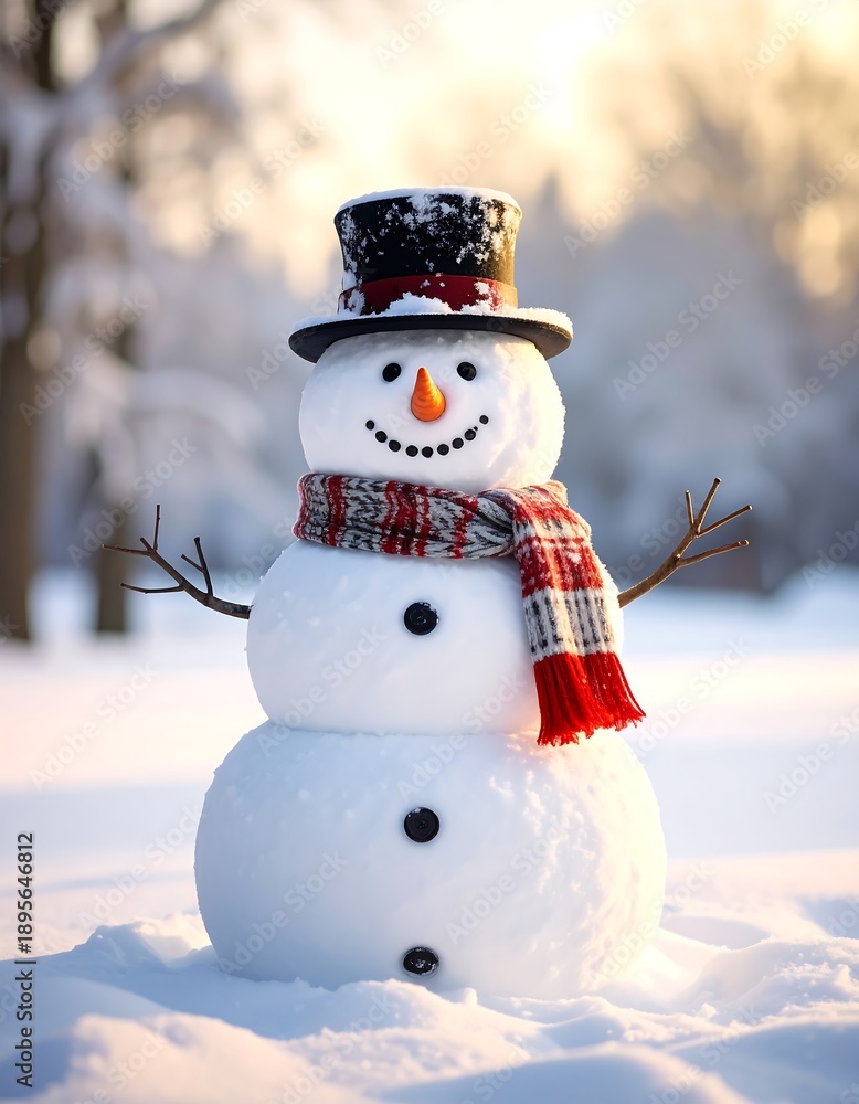 Obraz premium A jolly snowman in a snowy setting with a hat, scarf, and twig arms