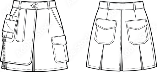 Technical fashion sketch of utility skirt design with pleats, patch pockets, belt, stitching details, front and back views