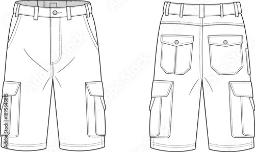 Technical flat sketch of cargo shorts front and back view, detailed pockets, stitching, belt loops, fashion design blueprint