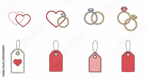 A collection of heart-shaped icons and wedding rings on a minimalist white background from a straight-on viewpoint