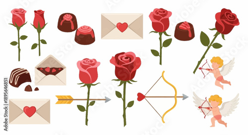 Valentine's Day elements including roses, chocolates, and hearts arranged with cupid and bow arrow illustrations