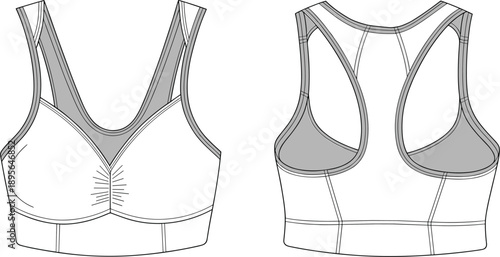 Technical flat sketch of modern sports bra with mesh panels, racerback design, detailed seams, activewear garment construction illustration