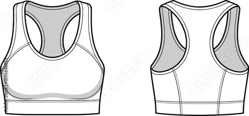 Technical flat sketch of modern sports bra design with racerback, contour seams, mesh panels, front and back views