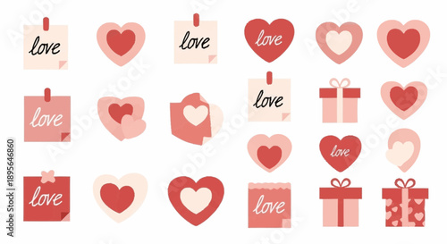 Collection of red heart icons and love tags with gift boxes in a flat design style