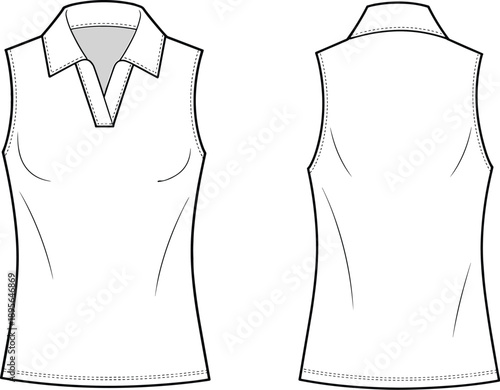 Technical flat sketch of sleeveless collared shirt with darts, V-neck, front and back views, fashion design template