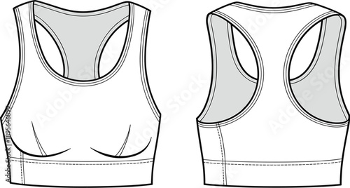 Technical flat sketch of sports bra front and back views, racerback design, contour seams, fashion design illustration