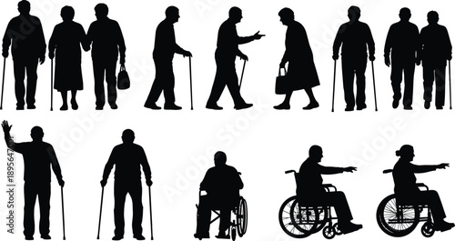 Elderly people silhouettes with walking cane and wheelchair senior citizens mobility healthcare support retirement lifestyle vector illustration set