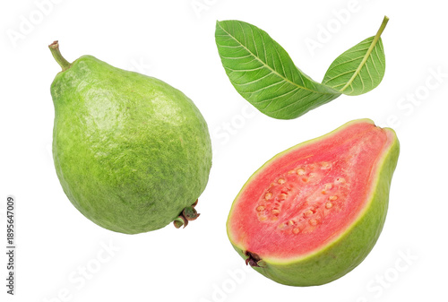 Canvastavla a single whole green guava and a half-cut pink guava with leaves, isolated against a transparent background