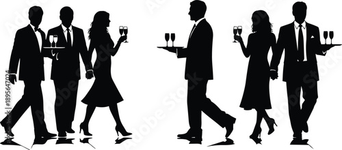 Elegant waiters and waitresses serving drinks at formal event restaurant catering hospitality service party vector illustration silhouettes set
