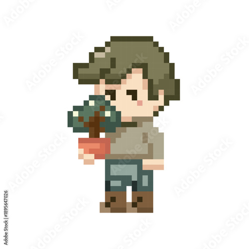 Pixel art chibi boy holding a small potted tree in vintage retro style, cute florist character gardener with plant in flower pot pixelated vector illustration