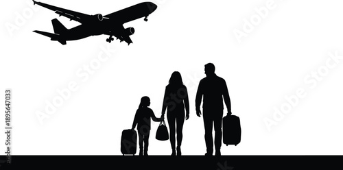 Family travelers walking with luggage at airport runway under flying airplane vacation journey departure holiday travel vector illustration