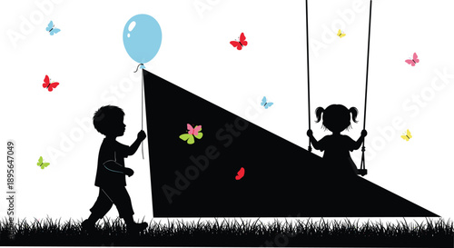 Happy children silhouettes playing with swing and balloon in park with butterflies childhood fun outdoor vector illustration scene