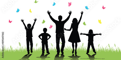Happy family silhouettes jumping with raised hands in park with butterflies children playing outdoor fun vector illustration scene