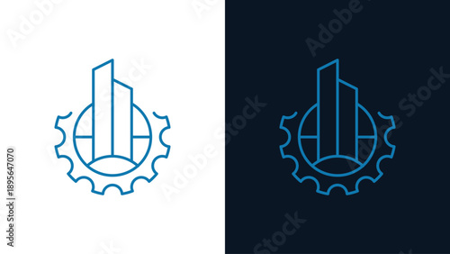 Industrial Building and Gear Construction Logo Icon in Minimalist Line Style