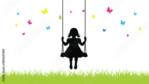 Little girl silhouette swinging in park with butterflies green grass childhood play happiness outdoor spring vector illustration scene
