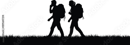 Silhouette hikers walking with backpacks on grassy trail outdoor adventure trekking travel journey camping nature lifestyle vector illustration
