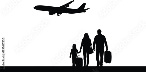 Silhouette family travelers walking with luggage at airport runway under flying airplane vacation journey departure holiday travel vector illustration concept