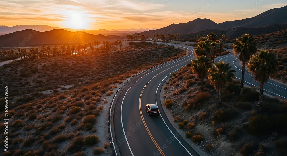 Fototapeta premium Sunset over desert highway with solitary vehicle