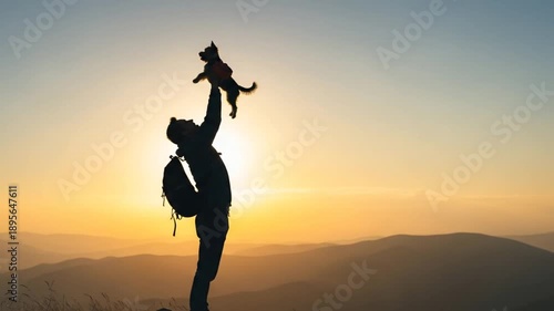 Silhouette of hiker holding dog up at sunrise over mountains