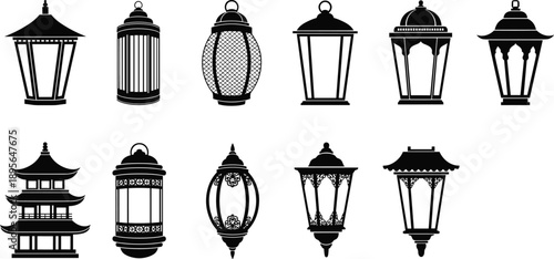Decorative lantern and pagoda silhouette collection, vintage Asian inspired lamp designs, ornate lighting illustration set, detailed vector artwork for stock use
