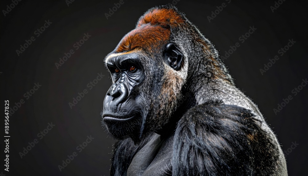 Obraz premium Close up portrait of a majestic silverback gorilla looking intently to the side with a dark background.