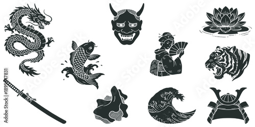 Collection of traditional Japanese cultural symbols and mythical creatures in a graphic illustration style.