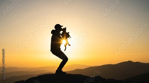 Man holding dog up against sunset silhouette on mountain peak, joyful moment