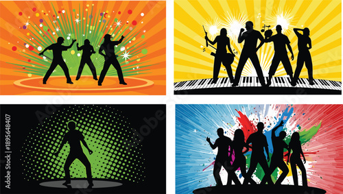Colorful dancing crowd silhouettes performing on vibrant stage backgrounds with lights music party disco concert celebration vector illustration set